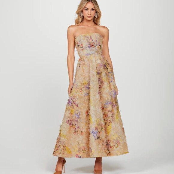 Helsi Celine Applique Strapless Dress Gown Gold Watercolor S NWT $798 - Picture 1 of 7